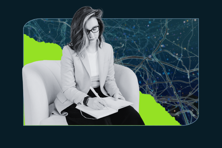 A woman with long hair and glasses sits on a modern white chair, writing in a notebook. The background features a digital neural network pattern and bright green abstract shapes, creating a contrast between human focus and AI-inspired imagery.