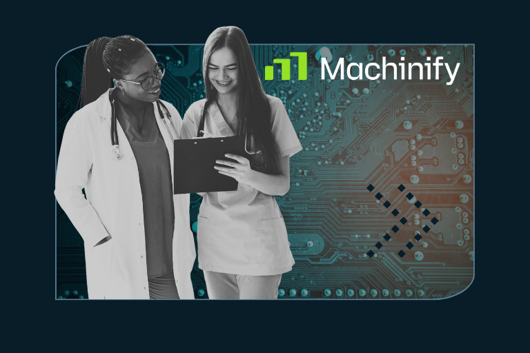 A black-and-white cutout of healthcare workers reviewing a chart set against an image of a microchip with the Machinify logo on it.