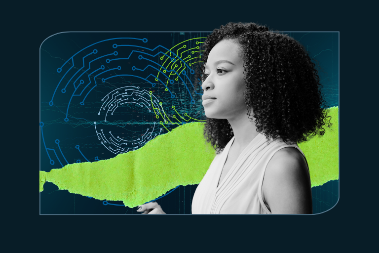 A woman with curly hair gazes thoughtfully to the right, overlaid on a futuristic digital background featuring abstract circuit-like patterns and glowing concentric circles. A bold green torn-paper graphic cuts horizontally through the image, symbolizing disruption or transformation. The overall tone suggests innovation, technology, and forward-thinking.