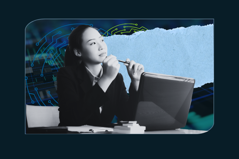 A businesswoman sits at a desk, thoughtfully holding a pen near her chin while looking upward. She is surrounded by a computer monitor, a notepad, and a small stack of paper, with a digital circuit pattern and a torn blue paper texture layered in the background—symbolizing innovation and contemplation in the age of AI.