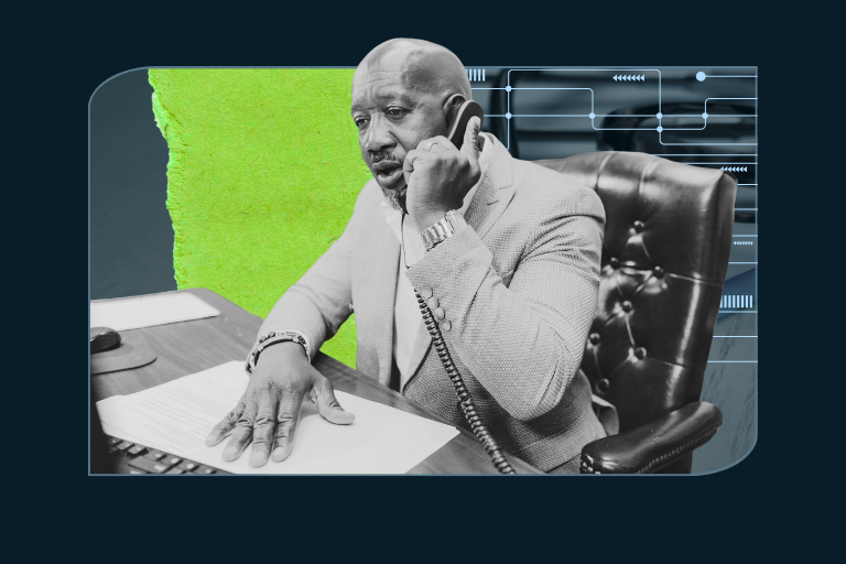 Black-and-white image of a man in a suit sitting at a desk, speaking on a corded phone while looking at a document. The background features a collage of bright green paper texture and a digital circuit board pattern, symbolizing a blend of traditional communication and modern technology.