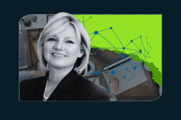 Black-and-white headshot of a smiling woman in a suit jacket and pearl necklace, overlaid on a collage of a person typing on a laptop with papers and a coffee cup on a wooden desk. The background features a bright green section with a blue network-connection graphic.