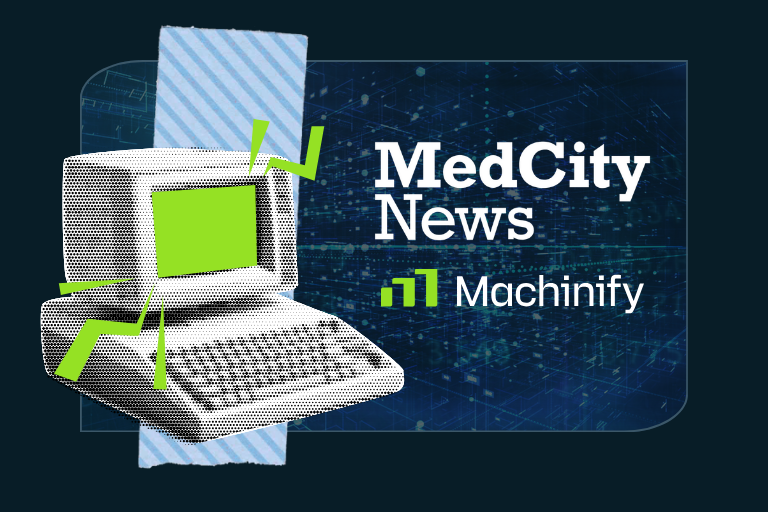 A stylized graphic featuring a retro computer with a bright green screen and accents. To the right, the text reads "MedCity News" with the Machinify logo below it. The background combines abstract digital patterns and a torn paper texture, giving the design a modern tech-news aesthetic.